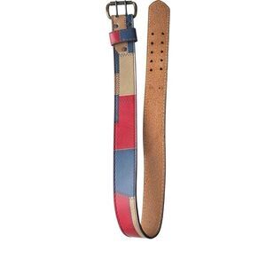 Vintage Multicolored Patchwork Tan Red & Blue Color Block Leather Belt